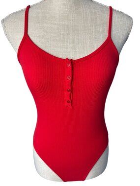 Garage Red Ribbed Bodysuit With Button Front Closure P/S